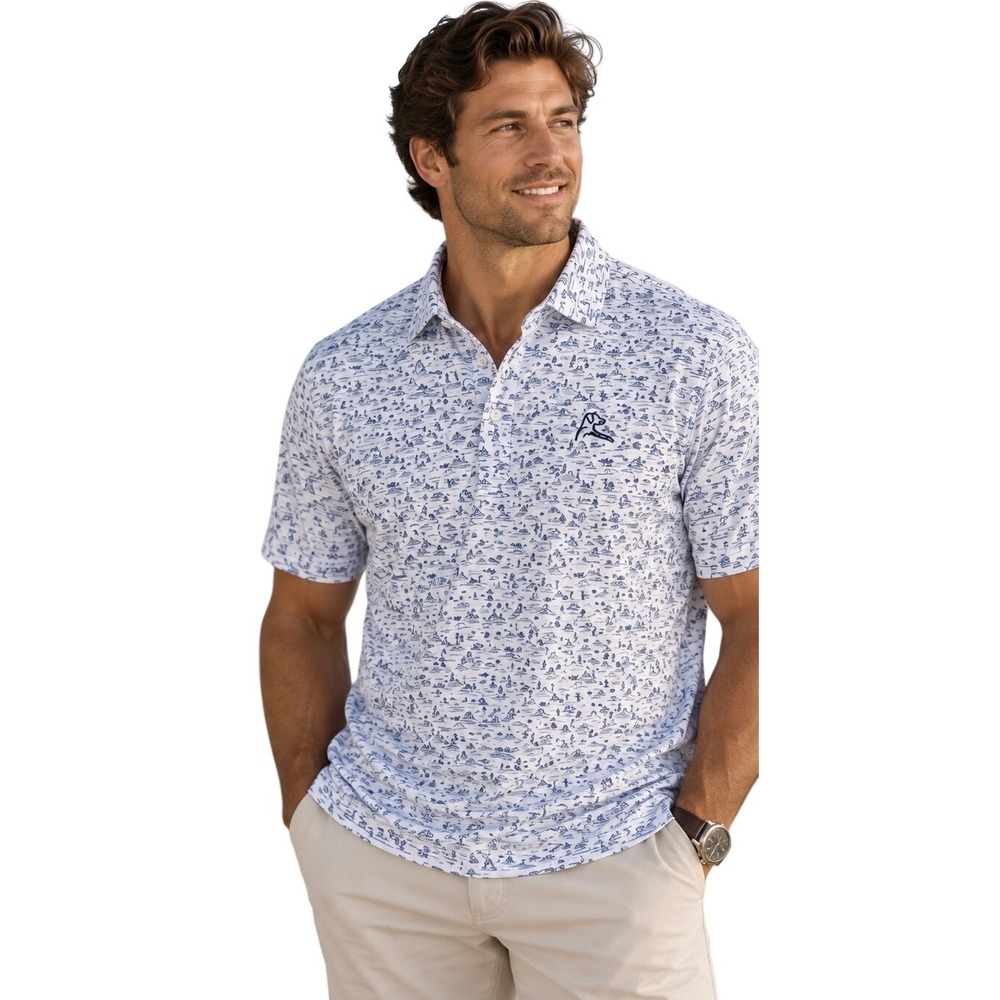 Rhoback Men's XL Arizona Desert Cactus Print Performance Golf Polo White Blue